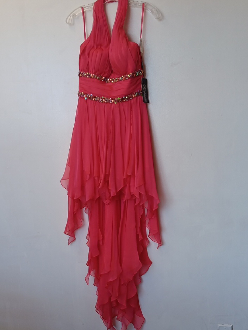 Vintage La Femme Women's  High-Low Halter Ruffle Dress with Beaded Waist.